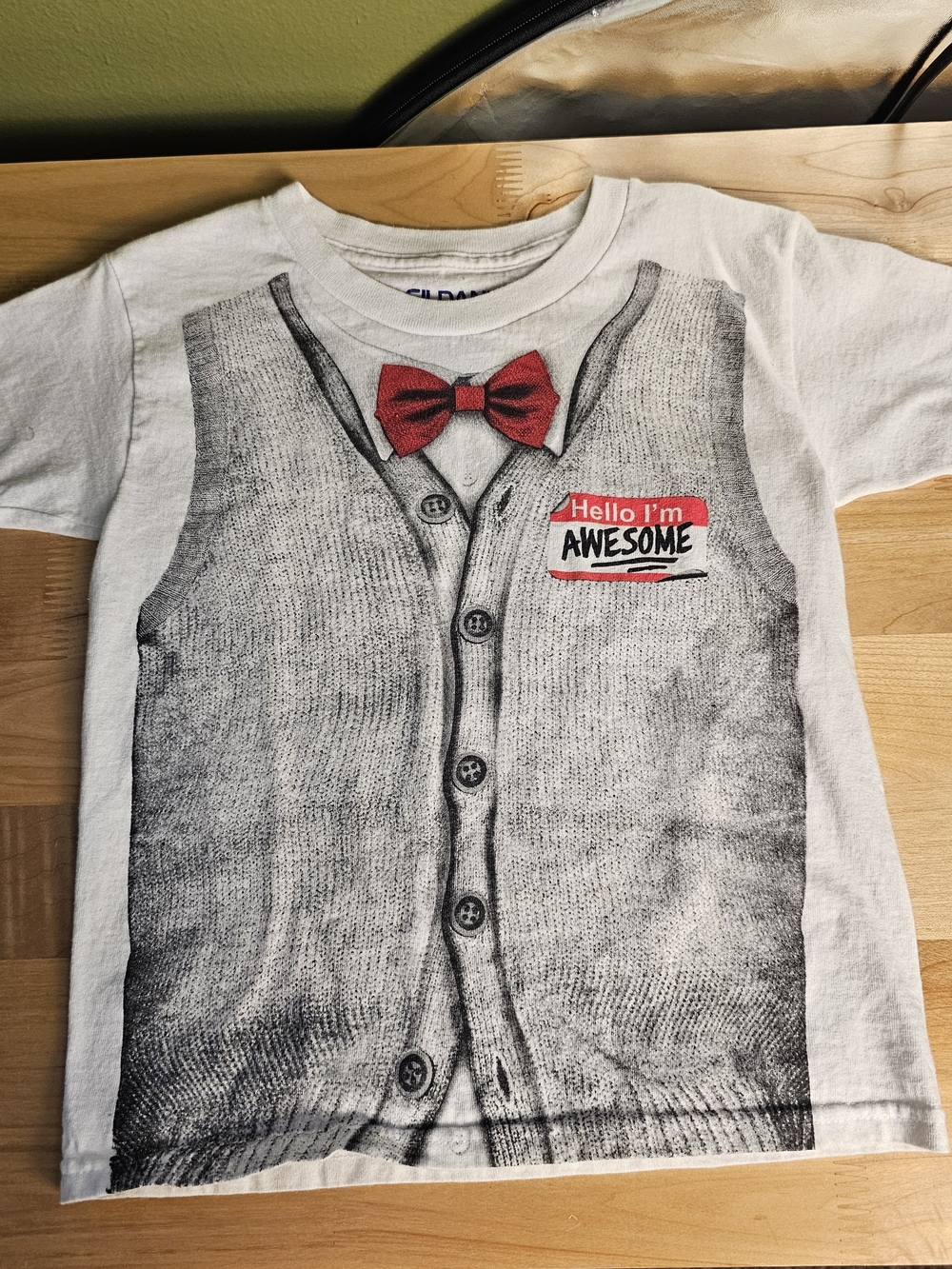 Gildan Boys XS 4/5 Faux Vest Bow Tie Graphic T-Shirt White Awesome